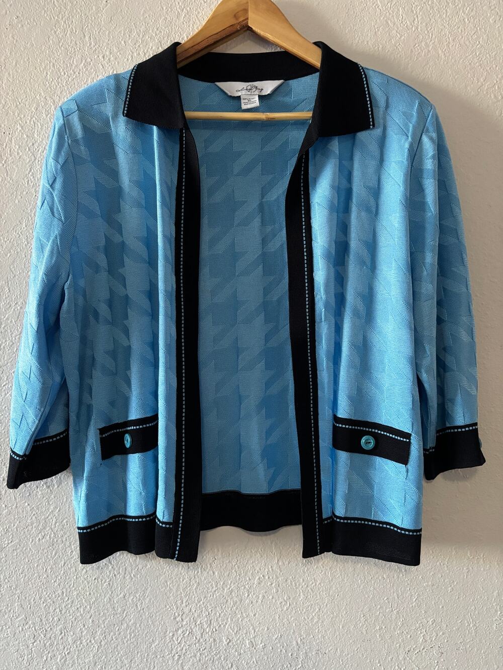 Ming Wang Crop Knit Jacket Cardigan Size XL Blue Black Office Career